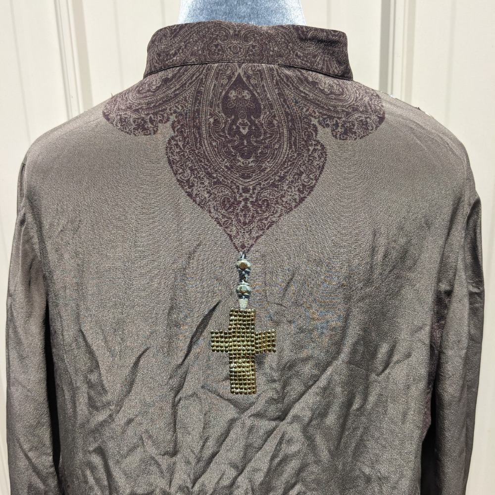 Camilla Embellished Silk Tunic Blouse L Gothic Studded Beaded Rosary Cross FLAW - Picture 6 of 16